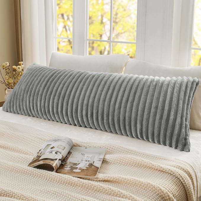 BEDELITE Fluffy Striped Body Pillow Cover with Zipper, Light Grey, 20x54 | Ultra-soft Faux Fur with 5D Striped Texture, Comfy, Plush, and Cloud-like, Body Pillow Pillowcase for Bed Couch Room Decor