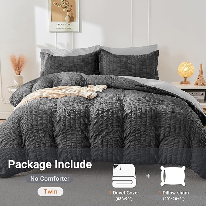 HYMOKEGE Dark Grey/Light Grey Twin Size Duvet Cover, Ultra Soft 2-Piece Seersucker Duvet Cover Set with Zipper Closure, Soft Brushed Microfiber Bedding Set with 8 Corner Ties (68"x90", 1 Pillowshams)
