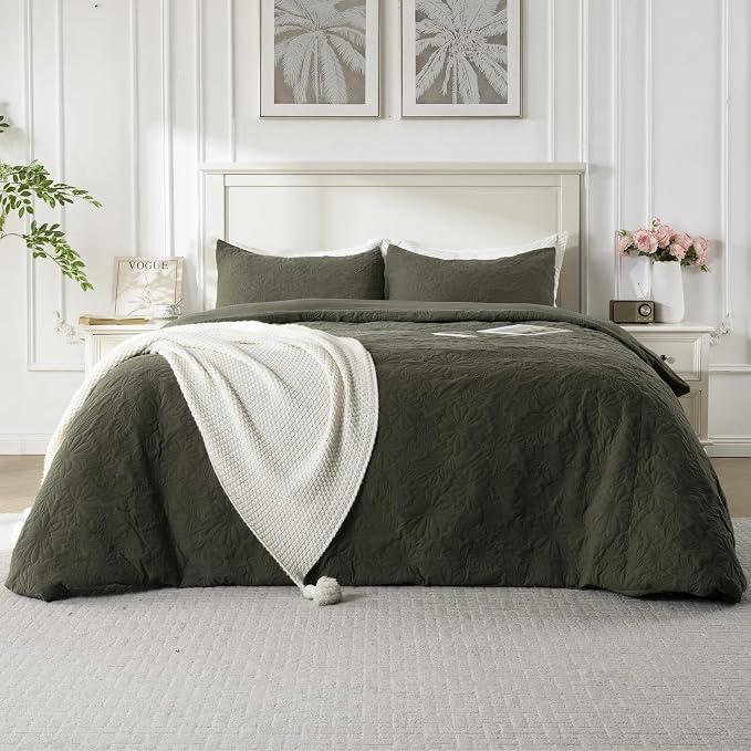 Velvet Olive Green Super Soft Twin Size Floral Textured Duvet Cover Set, 2 Pcs Bedding Comforter Covers with Button Closure for All Seasons, Includes 1 Duvet Cover and 1 Pillowcase (Olive, Twin Size)