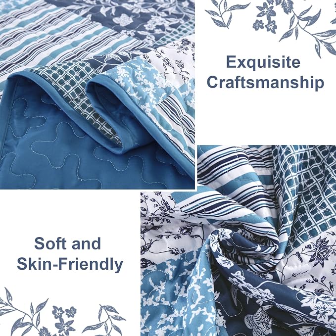 Mybedsoul King Size Quilt, Boho Patchwork Floral Bedding Set, Navy Blue | Soft Lightweight Microfiber Floral Coverlet Set, 3 Pieces Plaid Reversible Bedspread, Bed Sets for All Seasons 90"x110"