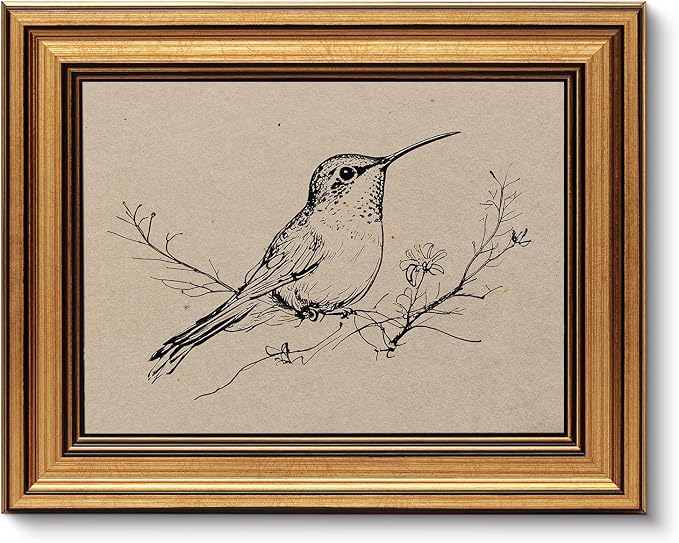 VIYYIEA Vintage Gold Framed Wall Art for Living Room, Hummingbird Canvas Prints Home Decor, Oil Painting Picture, Bedroom Wall Decor Gifts for Friends or Family -【Resting Hummingbird】-(10L x 8W)