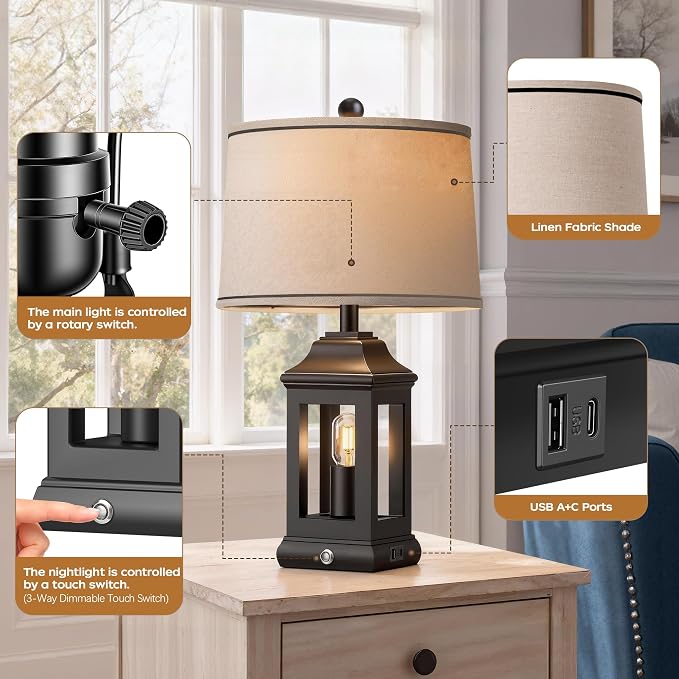 24" Rustic Farmhouse Table Lamps for Living Room Set of 2, Touch Dimmable Nightlight Vintage Bedside Lamps with USB A+C Ports & Dual Light Sources for Bedroom Nightstand End Table, Matte Black