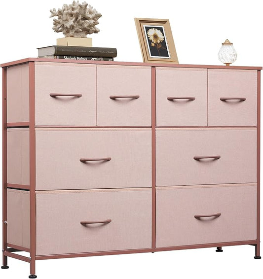 WLIVE Wide Dresser for Bedroom, 8 Drawer Chest of Drawers, Pink | 8 roomy fabric drawers, Wide storage design, Bedroom or closet use, Sturdy steel frame, Smooth wood tabletop