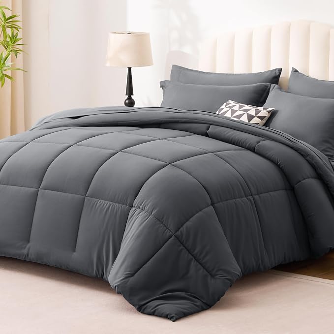 Love's cabin Queen Comforter Set Soot Grey, 7 Pieces Queen Bed in a Bag, All Season Bedding Sets with 1 Comforter, 1 Flat Sheet, 1 Fitted Sheet, 2 Pillowcase and 2 Pillow Sham