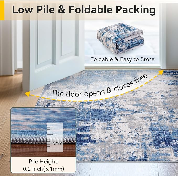 RELEANY Washable 3'x5' Abstract Area Rug for Living Room Blue Gray | Carpet for Bedroom, Kitchen, Office, Hallway and Entryway, Printed Pattern, Non‑Slip, Soft, Stain‑Resistant, Easy to Clean