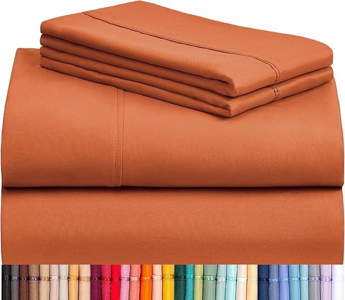 LuxClub King Size Sheets Set, Deep Pocket King Sheets Bed Sheets 4PC, Cooling Sheets King Sized Breathable, Soft Hotel Luxury Bedding Wrinkle Free, Silky Fitted Sheet & Pillowcase Sets, Autumn Orange | LuxClub Silky Fitted Sheet & Pillowcase Sets, Brea...