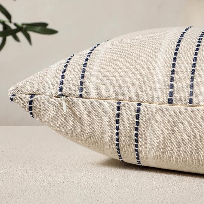 Hckot Stripe Throw Pillow Covers 26x26 Large Square Navy Blue Pillow Cover | Farmhouse Decorative Pillows Textured Linen Euro Sham Cushion Covers for Sofa Couch Bed Living Room Decor