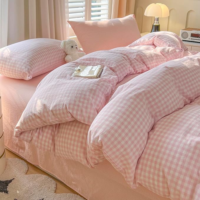 LifeTB Pink Gingham Comforter Set Twin XL Aesthetic Pink White Plaid Checkered Comforter Set 3 Pieces Grid Bedding Comforter with 2 Pillowcases Soft Lightweight Gingham Bedding Set Twin XL