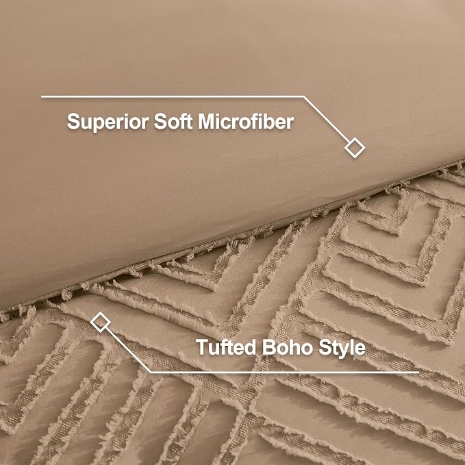 Litanika Queen Size Comforter Set, 3 Pieces Taupe Tufted Boho Bedding Set | Farmhouse Shabby Chic Vintage Bohemian Textured Aesthetic Soft Fluffy Lightweight Breathable All Season Bed Set for Queen Bed