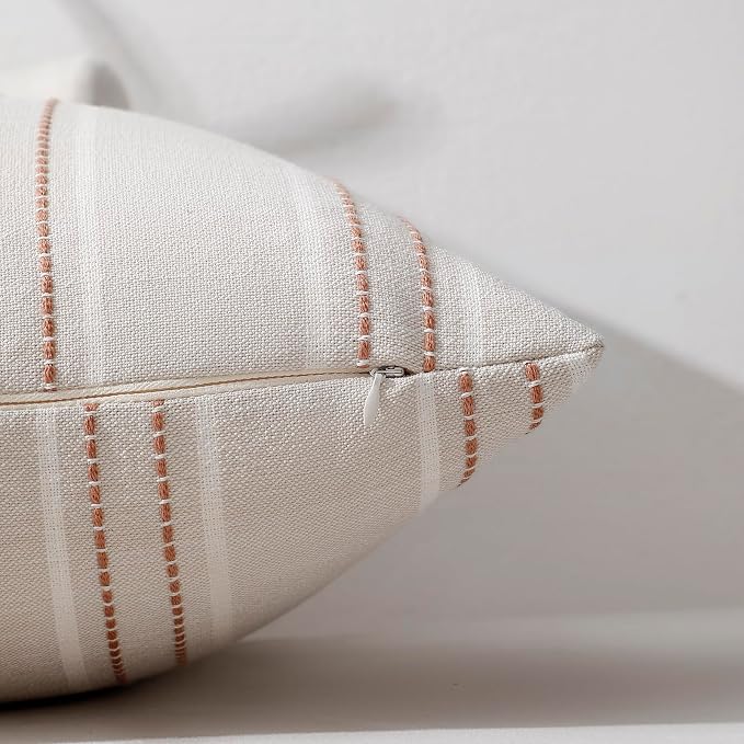 Hckot Terracotta Throw Pillow Covers 18x18 Set of 2 Striped Pillow Covers | Farmhouse Decorative Pillows Textured Linen Square Cushion Covers for Sofa Couch Bed Living Room Decor(Camel)