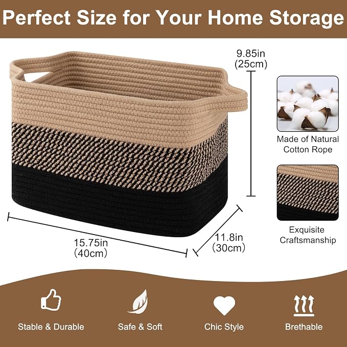 OIASKET Storage Basket for Organizing, Woven Baskets for Storage, Rectangle Decorative Baskets for Shleves, Closet, Toys, Books, Nursery Organizer Bins - Pack of 3 (Black & Brown, 15.75"x11.8"x9.85")