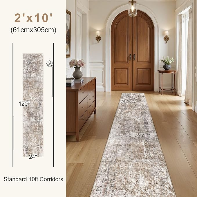 UERMEI 2x6 Washable Runner Rug for Hallway, Non Slip Low Pile Kitchen Carpet, Neutral Modern Abstract Indoor Floor Mat for Entryway Laundry, Kid & Pet Safe High Traffic Area, Brown/Grey/Red