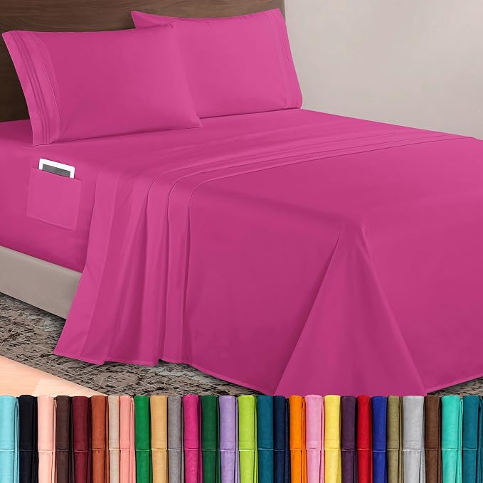 Elegant Comfort Luxurious 1500 Premium Hotel Quality Microfiber 4-Piece Sheet Set, 18-24 Inches Deep - Extra Deep Pocket Sheets - Ultra Soft 4PC Deep Pocket Sheets, California King, Hot Pink