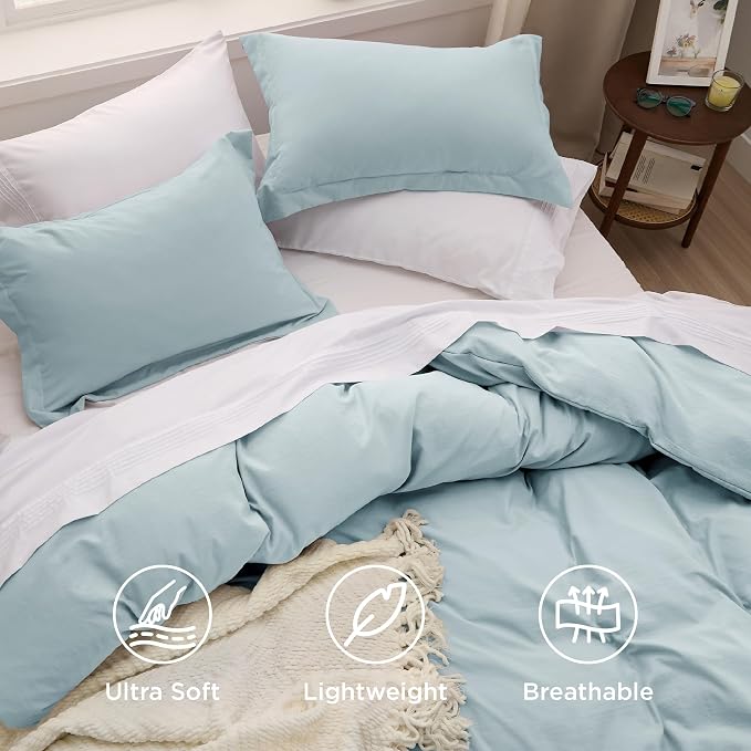 Bedsure Prewashed Duvet Cover Queen, Cotton-Like Bedding Set, Baby Blue | Ultra Soft, Relaxed Texture, Breathable Comfort, Hidden Zipper, 8 Corner Ties, Easy Care, OEKO-TEX Certified, Year-Round Use