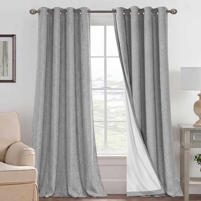 H.VERSAILTEX Blackout Curtains Linen Curtains 120 inches Long 100% Black Out Curtains for Bedroom Windows, Textured Linen Look Draperies Grommet with White Liner, 2 Panels, Dove Gray