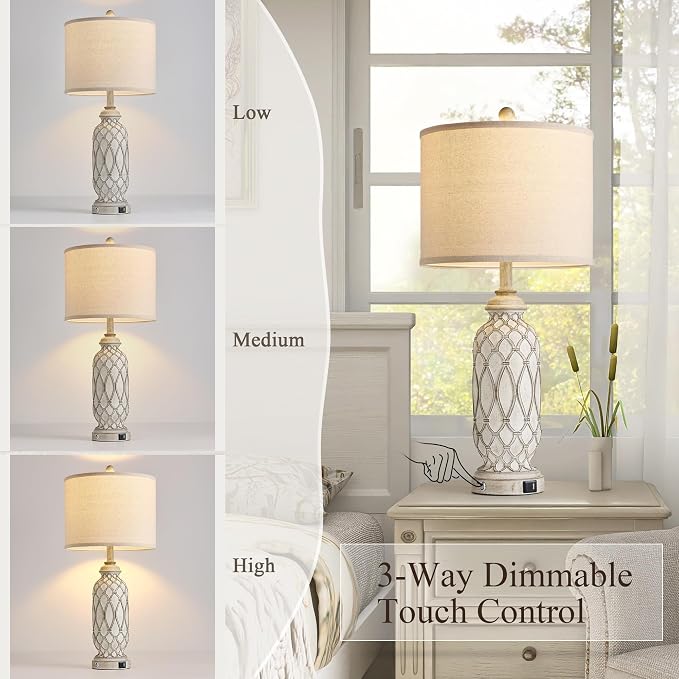 28" Table Lamps for Living Room Set of 2, Farmhouse Lamps for Bedroom with USB A+C Charging Ports, Touch Lamps for Nightstand, 2 Bulbs Included