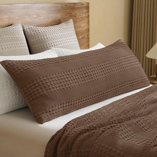 PHF 100% Cotton Waffle Body Pillowcase with Zipper, 1 Pack 20" x 54" Soft Skin-Friendly Pillow Sham, No Filling, Aesthetic Woven and Breathable Waffle Weave Body Pillow Cover for Bed, Chocolate