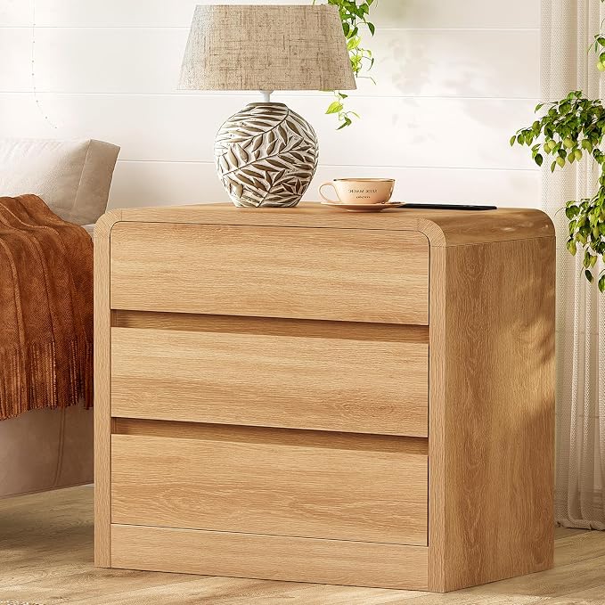 TEENFON Nightstands Set of 2, Night Stand with 3 Storage Drawer and Charging Station, Modern End Tables Wide Night Stands for Bedroom Sofa Couch Home Office, Natural