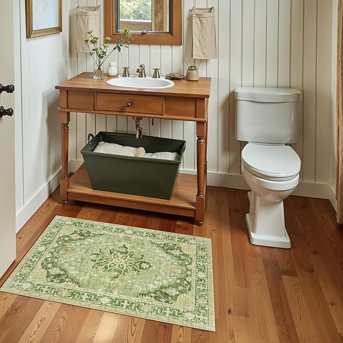 RELEANY Washable Area Rug, Small 2'x3', Green/Yellow | Non-Slip, Water Repellent, Pet Friendly, Easy to Clean, Vintage Floral Boho Decor for Kitchen Entryway Bathroom