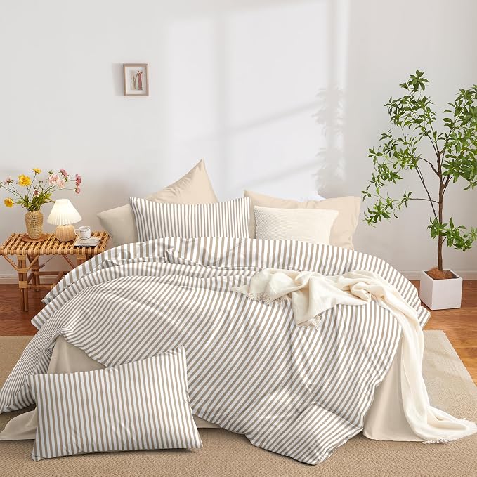Nayoroom Brown Tan Striped Duvet Cover Set Queen | Modern Farmhouse Coastal Bedding, Soft Breathable Washed Microfiber, All-Season Comfort, Hidden Zipper, 4 Corner Ties