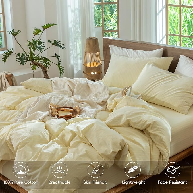 MooMee Striped Duvet Cover Set 100% Washed Cotton Linen Like King | Relaxed Linen-like Texture. Soft, Breathable & Long-lasting Comfort. Lightweight. Hidden Zipper with 8 Interior Corner Ties