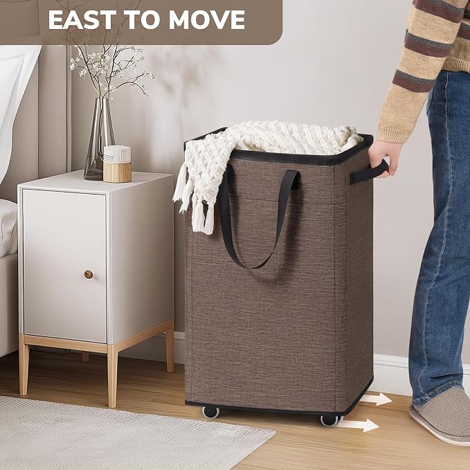 Goodpick 75L Collapsible Laundry Baskets with Removable Wash Bag and Wheels | Rolling Laundry Basket with Handles for Dirty Clothes, Fodable Hamper for Laundry Room, Light Brown