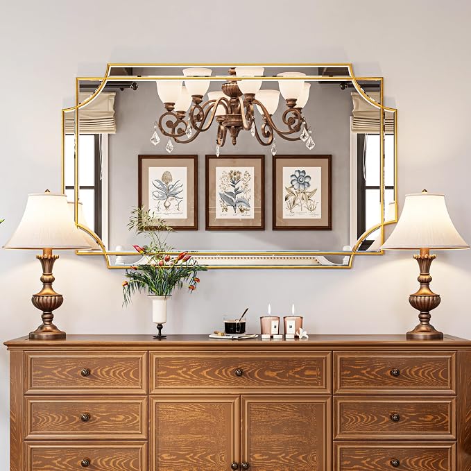 Kelly Miller 30"x48" Gold Foil Scalloped Edge Decorative Vanity Wall Mirror | Hand-Applied Gold Foil Finish. HD Mirror With French Cleat. Elegant Beveled Wall Mirror Decor For Bathroom Bedroom Entryway.