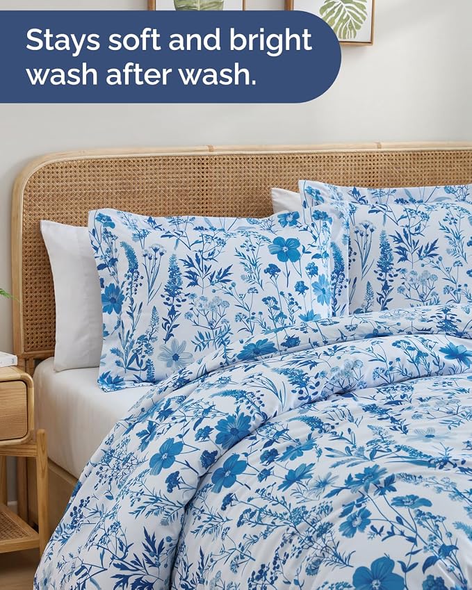 Duvet Cover Cal King - Floral Duvet Cover - 3 Piece - Blue Dainty Floral | Soft Floral Duvet Cover 104 x 98 with 2 Pillow Shams, Zipper Closures & Ties, Floral Bedding for Women, Men, Kids & Teens