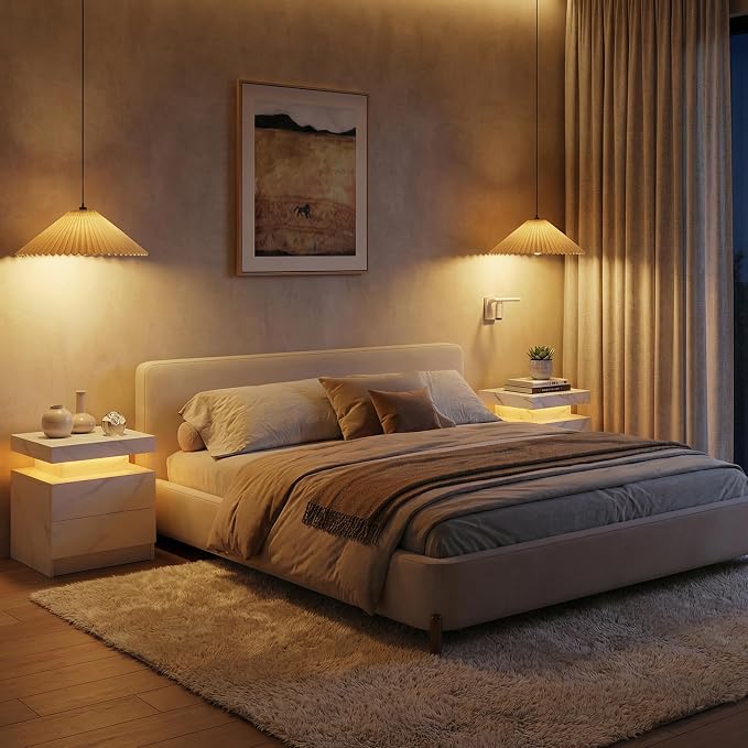 i-aplus LED Nightstand with Wood 2 Drawers Modern Bedside Table for Bedroom | Nightstands with App-Controlled RGB LED Lights, Night Stand with Storgae Drawer, Modern Bedside Table for Bedroom
