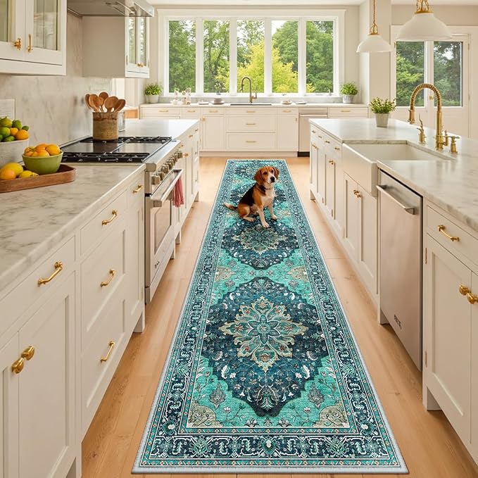 RELEANY Washable Area Rug, Runner 2'x10', Teal | Non-Slip, Water Repellent, Pet Friendly, Easy to Clean, Vintage Floral Boho Decor for Kitchen Hallway Bedroom Laundry