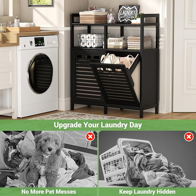 Homykic Tilt Out Laundry Hamper Cabinet, Bamboo Laundry Organizer, Black | 20 Gal Laundry Sorter with 2 Removable Liner Bags, Hidden Clothes Hamper with Shelf for Laundry Room, Bathroom, Closet