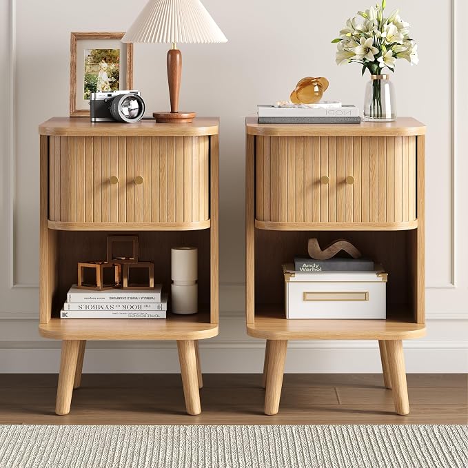 Decofy Fluted Nightstand Set of 2, Mid Century Modern Bedside Table with Charging Station, Walnut End Tables with Sliding Tambour Doors, Storage Cabinet and Open Shelf for Bedroom, Oak | Open Shelf, Space-Saving, Concealed Cabinet Storage, Mid Century ...