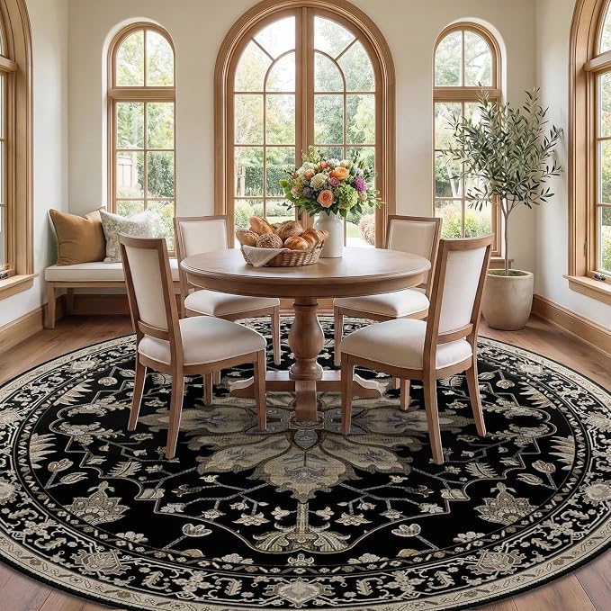 RELEANY Washable Area Rug, Round 8ft, Black/Neutral | Non-Slip, Water Repellent, Pet Friendly, Easy to Clean, Vintage Floral Boho Decor for Living Room Bedroom Dining Room