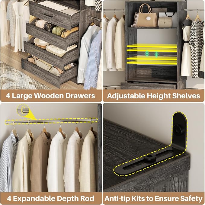 Aheaplus Closet System,4-9Ft Closet Organizer with 4 Wood Drawers,Black Oak | Wood Closet Organizer System with Tower, Walk-in Closet Organizer Wardrobe Clothes Rack with 4 Hanging Rods, Garment Rack