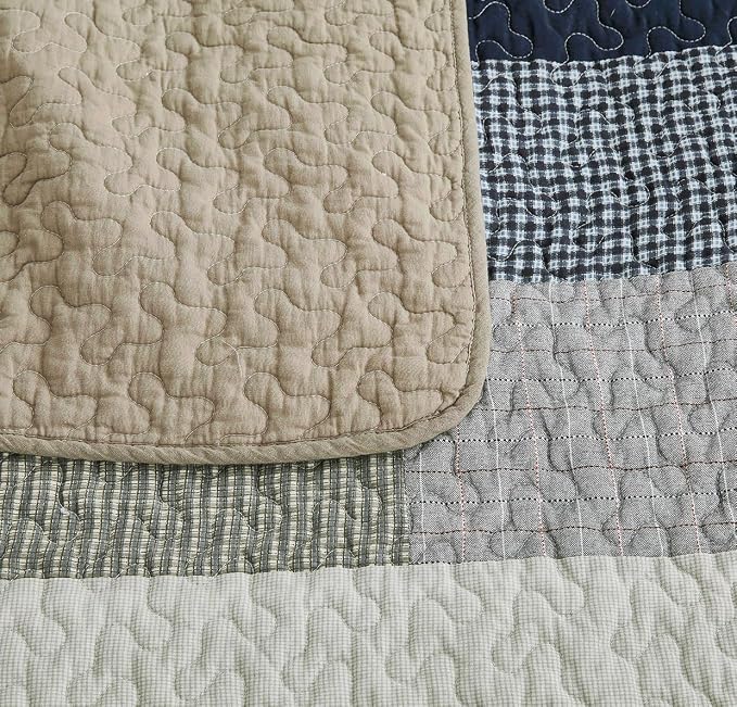 Chezmoi Collection Dylan 3-Piece Navy Blue White Gray Taupe Plaid Rectangular Patchwork Quilt Set - Pre-Washed Cotton Quilted Lightweight Reversible Bedspread for All Seasons, Super King Size 128x110