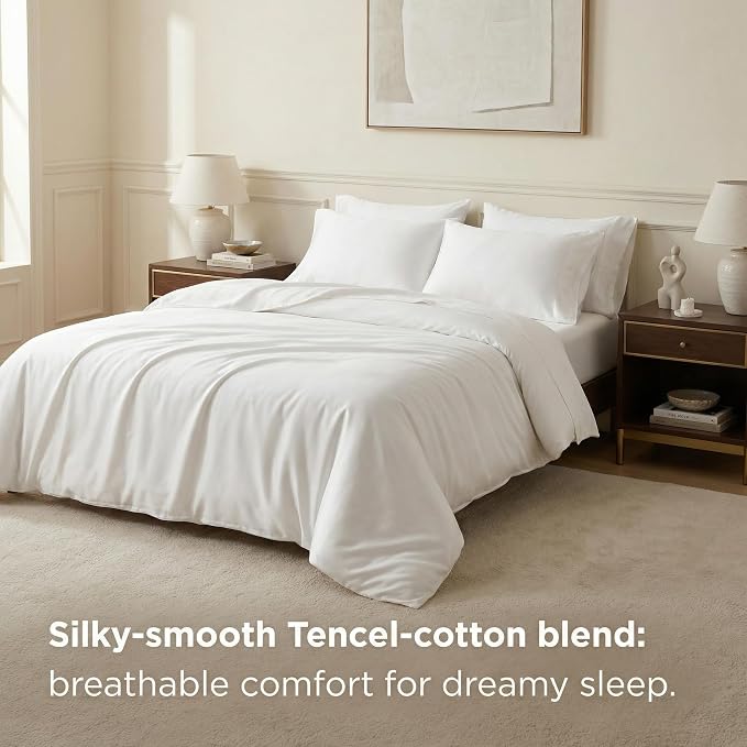 HeimenAogo California King Size Tencel Cotton Duvet Cover - Silky Smooth Luxury Hotel Collection Bedding Set, 104x90 Inch Comforter Cover, Zipper Closure, Bright White