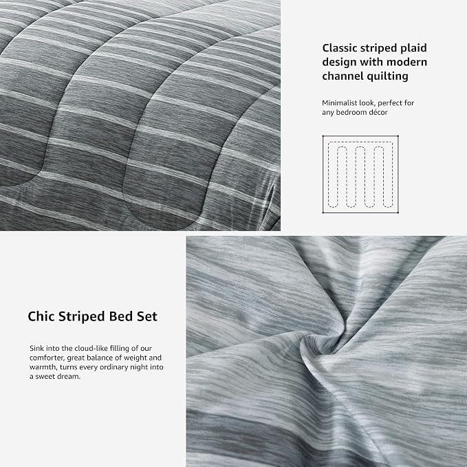 Monbix Queen Comforter Set-7 Pieces Striped Bed in a Bag Queen Bedding Sets | All Season Grey Reversible Soft Comforter Bed Set with Sheets, Pillowcases & Shams