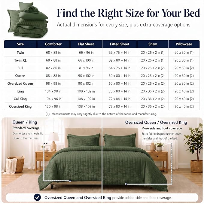 Oversized Queen Seersucker Comforter Set, Olive Green, 98 x 98 in | OEKO-TEX Certified, 7 Pieces Bed in a Bag with 240 GSM Down Alternative Comforter, Flat & Fitted Sheets, Pillowcases & Shams