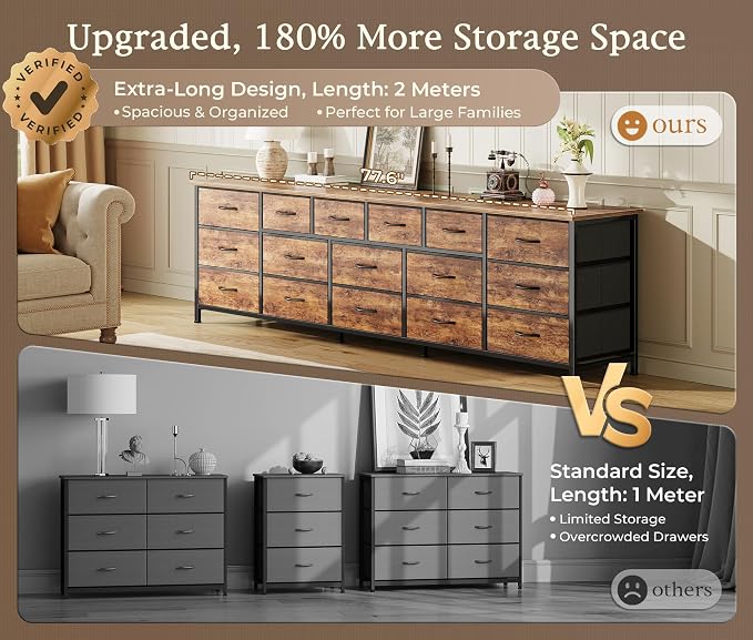 Huuger 77.6" Long Dresser for Bedroom, 16 Drawer Fabric Dresser for Closet, Wide Chest of Drawers with Storage, TV Stand for 65, 75, 85 Inch TV, 77.6" W x 13" D x 26.4" H, Rustic Brown