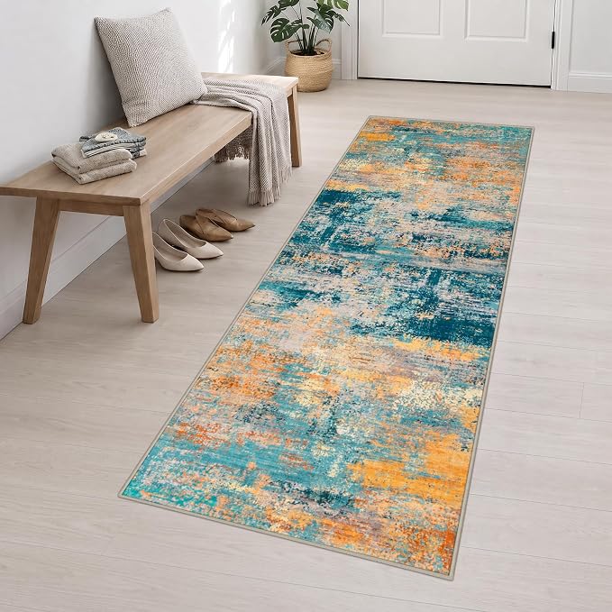 2.6x10 Washable Runner Rug:Modern Abstract Soft Carpet Rosy Haze | For Hallway, Bedroom, Kitchen, Laundry, Bathroom,Door Mat,Modern Abstract,Machine washable,Non-Slip,Stain Resistant,Indoor