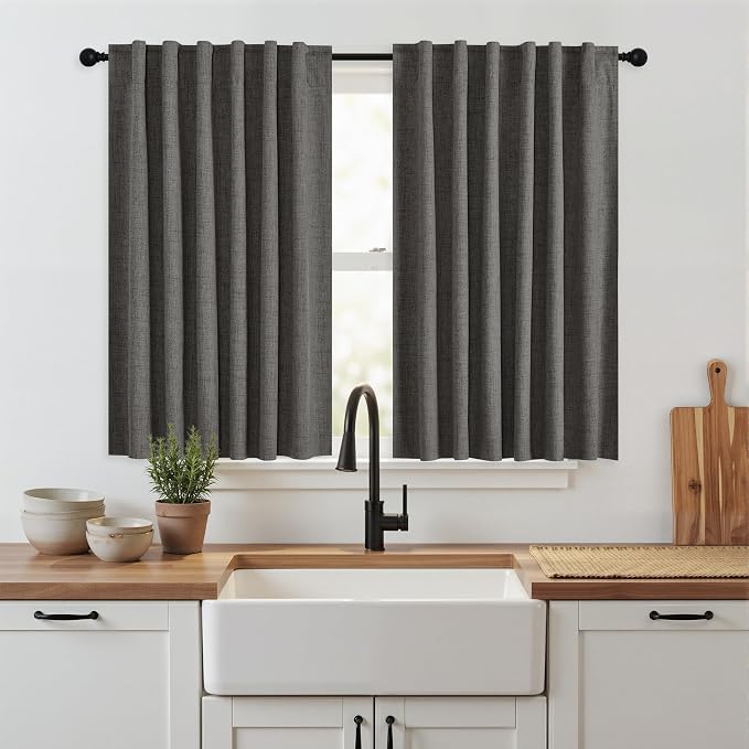 RYB HOME Grey 100% Blackout Short Curtains 45 Inch Long for Cafe Kitchen | Thermal Insulated, Light Blocking, for Kitchen Bathroom RV Basement Garage Cabinet, Small Window, Grey, W52 x L45, 2 Panels