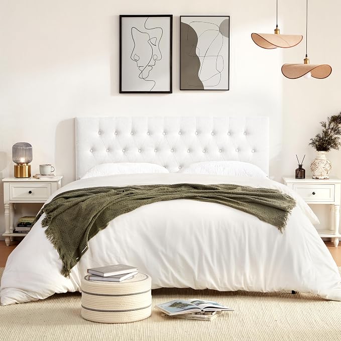 Tufted Upholstered Headboard Full Size, Adjustable Height 37- 51 in, White | Sturdy and Durable Solid Wood Full XL Headboard, Fabric Full Headboard Only, Modern Button Diamond Design Head Board