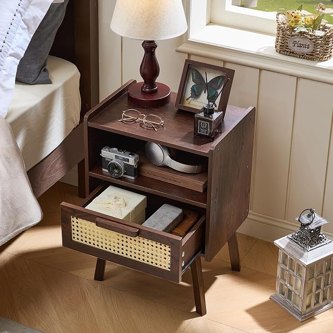 Lerliuo Rattan Nightstand, Bedside Table with Drawer Open Shelf | Cane Accent Side End Table with Solid Wood Legs, Walnut Vintage Night Stand for Bedroom, Dorm and Small Spaces