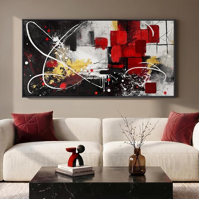 Extra Large Framed Black and White Abstract Wall Art for Living Room, 30x60 | Red gold geometric pictures, Canvas prints, Modern paintings, Artwork for walls, Wall decor for dining room bedroom hallway