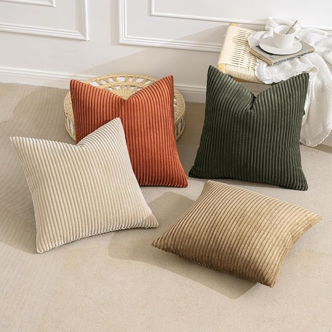 MIULEE Fall Corduroy Decorative Throw Pillow Covers Rust-Olive Green 16x16 | Set of 4, Vintage Fall Decor, Rustic Brown Green Collection, Boho Farmhouse Cushion Covers for Couch Bed Sofa Living Room