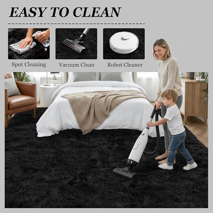 Area Rug Living Room Bedroom: 6x9 Fluffy Plush Shag Carpet Black | For Kids Room Playroom Nursery Home Decor,Ultra Soft,Non-Slip Non-Shedding,Fuzzy Plush,Large Indoor Floor Carpet,Easy Clean