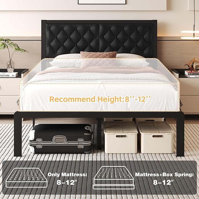 Fluest Full Bed Frame with Headboard PU Leather Upholstered Bed Frame Platform,All Metal Slats Support Platform Bed Frame with Storage Space,Easy Assembly,Noise Free,No Box Spring Needed,Black