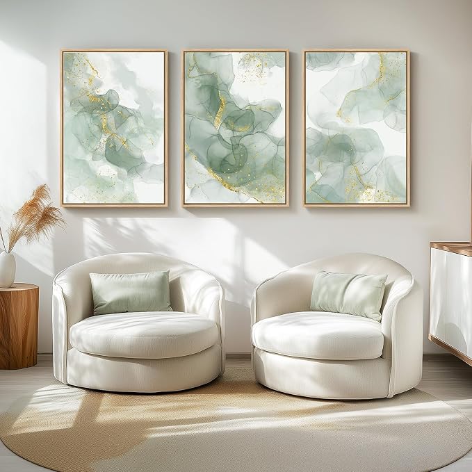 Large Framed Sage Green Abstract Wall Art for Living Room, 3 Piece 24x36 In | Green and gold pictures, Canvas prints, Modern minimalist painting, Artwork for walls, Wall decor for hallway stairway office