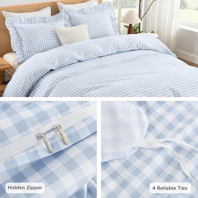 Andency Blue Gingham Duvet Cover Queen, Ruffle Shabby Bedding Set 3 Pcs | Farmhouse Soft Pre-Washed Polyester Comforter Cover with Zipper Closure & Corner Ties, 90x90Inch