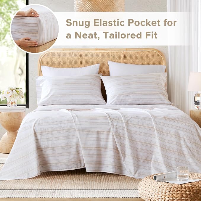 Comfort Spaces 100% Cotton Percale Sheets Twin Size 3 Pcs, Good Vibes Taupe | Crisp, Cool & Breathable Bed Sheets, 12" Deep Pocket Fits Up to 14" Mattress, Lightweight, All Season Cozy, with Pillow Case